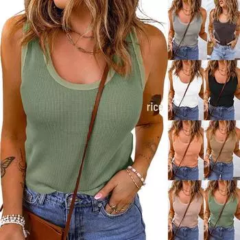 2023 European & American Women s Casual Vest: Spring/Autumn Solid Color U-Neck T-Shirt M
