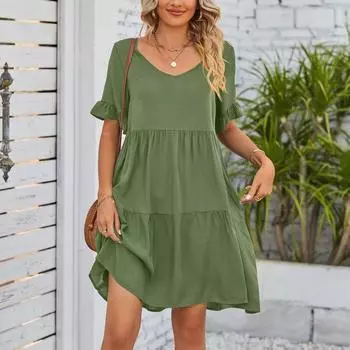 2023 European and American New Women s Clothes Summer V Neck Dress New Women s Summer V-neck Dress Army Green XL