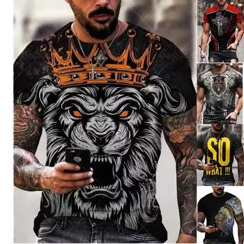2023 Европейская и американская летняя мода с животным принтом льва и 3D мужским повседневным свободным пуловером с короткими рукавами, футболка Factory Direct S S белый