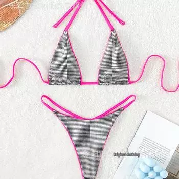 2023 Европейский и американский цветной блок Сексуальный купальник бикини микро-треугольник без спинки на шнуровке Medium