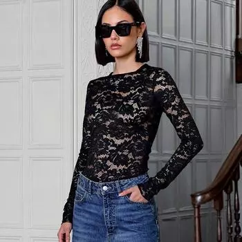 2023 Европейский и Американский Прозрачный Черный Кружевной Длинный Рукав Тонкий Топ Для Женщин Small чёрный