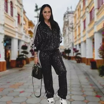2023 Европейский и американский женский повседневный комплект из куртки с длинным рукавом и брюк с пайетками XXXL чёрный