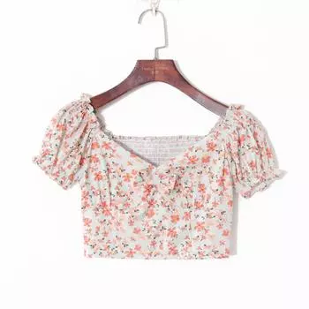 2023 Fall Women s Clothing French Vintage Floral Print Elegance Square Collar Puff Sleeve Silm Short Younger Shirt Print M