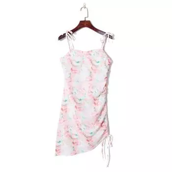 2023 Fall Women s Clothing Fresh Gradient Printing and Dyeing Drawstring Lace Ruched Silm Slim Looking Asymmetrical All-Match Slip Dress Pink tie-dye M