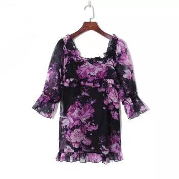 2023 Fall Women s Clothing Fresh Print Sweet Fungus Trim Square Collar Pullover Puff Sleeves High Waist Slim Looking Dress Purple flowers with black background S