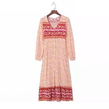 2023 Fall Women s Clothing K-style Fresh Print Elegant V-neck Single Breasted High Waist Shoelace Slim Looking Long Sleeves Dress Pink Print S