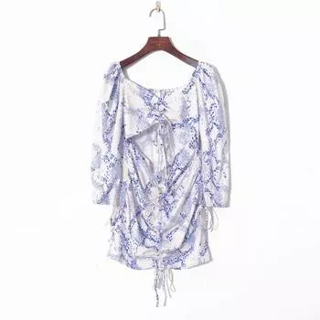 2023 Fall Women s Clothing K-style Printed Square Collar Pullover Puff Sleeves Sexy Hollow-out Midriff Pleated Drawstring Dress Blue Spot L