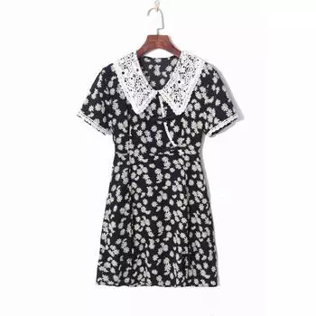 2023 Fall Women s Clothing Retro Daisy Print Sweet Stitching Crocheted Peter Pan Collar Short Sleeve High Waist Slim Looking Dress Daisy Print S