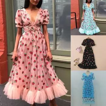 2023 Французское клубничное платье с пайетками, длинное, с сетчатыми бретелями L синий/вишня