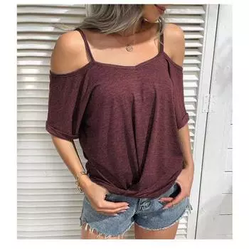 2023 Футболка с коротким рукавом, хлопковые топы, женские летние повседневные футболки с V-образным вырезом, женские топы с открытыми плечами, женская одежда Blusas 25782 S темно-серого