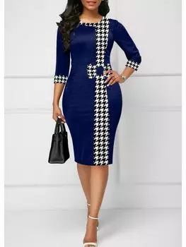 2023 Элегантное платье с принтом-пазлом в европейском и американском стиле с рукавами три четверти XL темно-синий