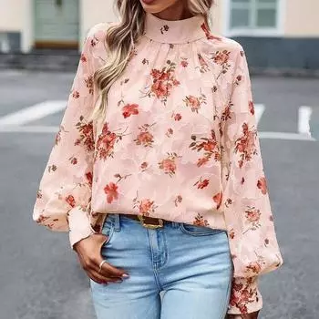 2023 Элегантные рубашки с длинными рукавами и цветочным принтом, свободные повседневные повязки с бантом, простая блузка, винтажные женские осенние топы 30053 S зелёный