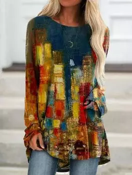 2023 Элегантные топы, женские топы с круглым вырезом и длинными рукавами, уличная модная повседневная футболка, осень-зима, новый дизайн, винтажный пуловер с принтом 7XL