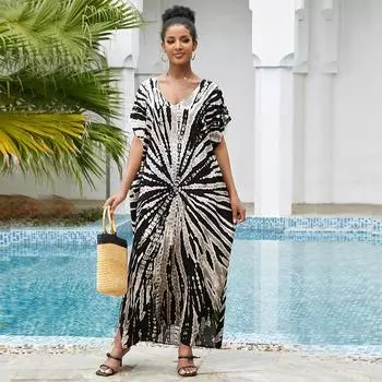 2023 кафтан с принтом в стиле бохо, большие размеры, повседневное летнее платье макси с v-образным вырезом и коротким рукавом, женская одежда, пляжная одежда, накидка на бикини Q1382