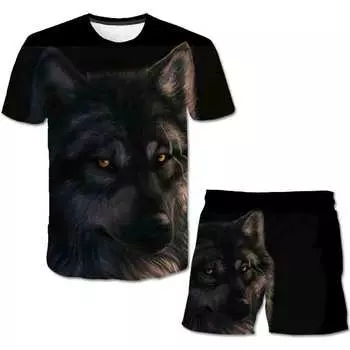 2023 комплекты повседневной одежды с волком, футболки с героями мультфильмов для мальчиков и девочек, короткие штаны, комплекты одежды для детей, костюмы из 2 предметов, наряды для детей 1-14 лет 100