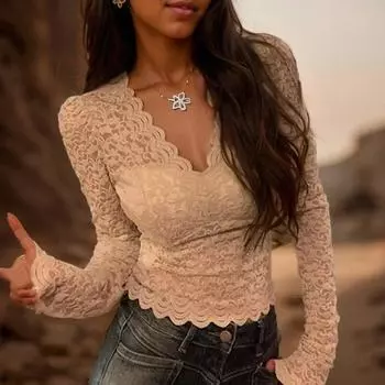 2023 Кружевная блузка с v-образным вырезом и длинным рукавом, женская элегантная облегающая модная вязанная крючком топы, простая повседневная сексуальная короткая рубашка 29993 S абрикосовый