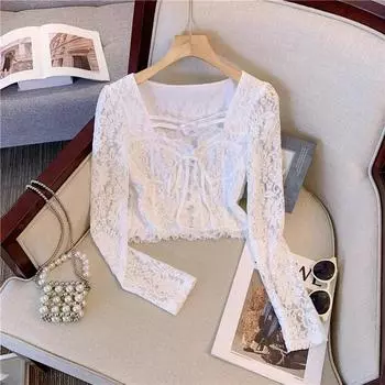 2023 Кружевная женская блузка с длинным рукавом Элегантная весна-осень с квадратным воротником Белая милая рубашка на шнуровке Женские свободные вязаные крючком топы 29896 S белый