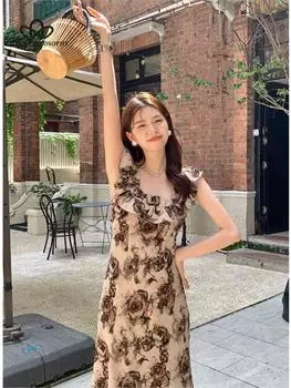 2023 летнее новое элегантное длинное платье без рукавов во французском стиле с принтом и квадратным воротником для женщин S серый