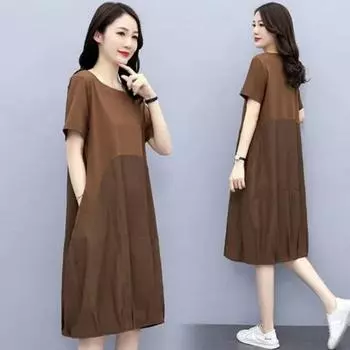 2023 летнее новое большое платье с коротким рукавом и круглым вырезом, женская повседневная свободная тонкая юбка для полных мм, тонкая юбка контрастного цвета M чёрный