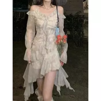 2023 летнее платье феи с длинным рукавом и цветочным принтом, женское пляжное элегантное вечернее мини-платье, повседневное винтажное цельное платье, корейская мода S серый