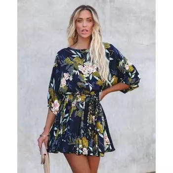 2023 Летнее платье Зеленое повседневное свободное платье Модное женское платье с круглым вырезом и цветочным принтом Женское элегантное платье Vestidos 25470 S чёрный