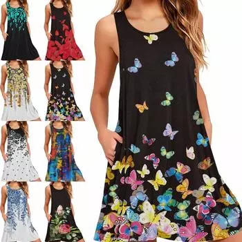 2023 Летнее платье-жилет без рукавов с принтом и карманами для женщин - Повседневный свободный крой XL синий