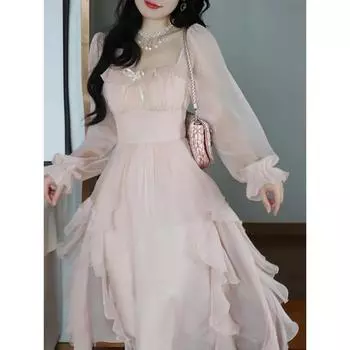 2023 летнее розовое шифоновое винтажное платье феи, женское элегантное вечернее платье миди в корейском стиле, женское платье в стиле ретро с расклешенными рукавами