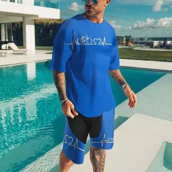 2023 летние модные свободные повседневные шорты с короткими рукавами и принтом ЭКГ, дышащие, быстросохнущие уличные простые спортивные мужские костюмы XS-6XL S