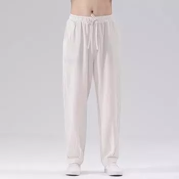 2023 Летние мужские брюки из хлопка и льна в китайском стиле, однотонные тонкие шаровары, мужские прямые брюки-джоггеры с эластичной резинкой на талии 4XL светло-синий