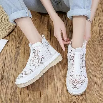 2023 летние новые простые дышащие кружевные туфли со средним верхом, женская повседневная обувь с сеткой на плоской подошве 35 бежевый