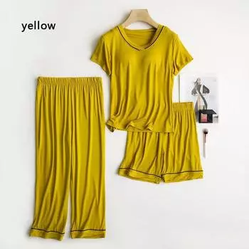 2025 летняя новая женская пижама из 3 предметов, модальная большая простая пижама с бюстгальтером, короткие рукава + шорты + брюки, повседневная домашняя одежда M зелёный