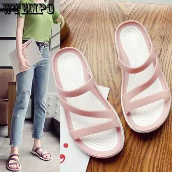 2023 Летние простые удобные однотонные тапочки женские внешние плоские нескользящие тапочки One Word универсальная пляжная обувь домашние тапочки 36 чёрный