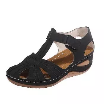 2023 летние винтажные сандалии в европейском и американском стиле, женские повседневные удобные полые сандалии с шитьем автомобиля на наклонном каблуке 35 оранжевый