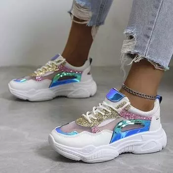 2023 летние женские кроссовки, модная удобная повседневная обувь, дышащая обувь на платформе с блестками для девочек, женская вулканизированная обувь 35 зелёный
