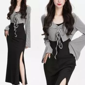 2023 летний сексуальный ретро повседневный комплект из 2 предметов, вечерние женские однотонные кардиганы + черное платье миди, корейские модные костюмы S чёрный