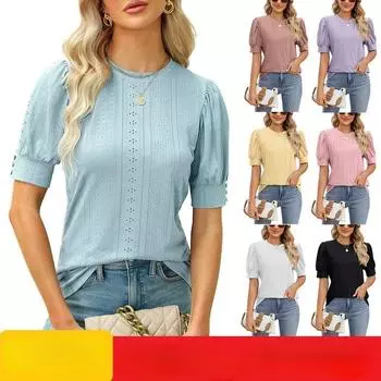 2023 Летний женский повседневный топ с короткими рукавами и полыми пышными рукавами на пуговицах S розовый