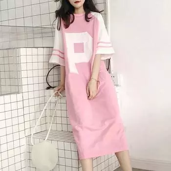 2023 Летняя мода с трендовым принтом, круглым вырезом и коротким рукавом, контрастного цвета, повседневное спортивное свободное платье большого размера для женщин и ног телесного цвета L розовый