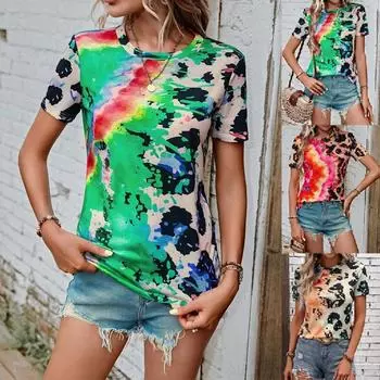 2023 летняя новая модная женская трендовая футболка с цветным принтом и цветочным принтом, с коротким рукавом, приталенная футболка S
