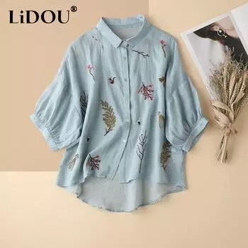 2023 летняя новая однотонная рубашка-поло из хлопка и конопли с воротником три четверти, женская винтажная вышитая свободная повседневная рубашка с пышными рукавами L белый