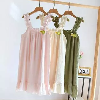 2025 Лето Новая женская ночная рубашка на подтяжках 100% Хлопок Креп Тонкий Стиль Однотонный Цветочный Жилет Юбка Домашняя Юбка Одежда для сна M бежевый