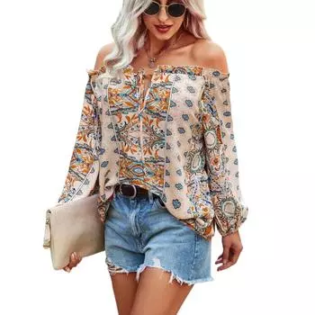 2023 летняя новая женская рубашка с открытыми плечами и длинными рукавами в богемном стиле с цветочным принтом S красный