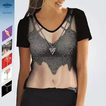 2023 Летняя одежда Y2K для женщин, футболки, топы с V-образным вырезом, короткие рукава, броня, сексуальное платье медсестры с 3D-принтом, легкая одежда S