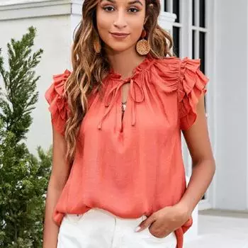 2023 Летняя офисная женская свободная блузка, модная однотонная короткая оборка на рукавах, топы на шнуровке с V-образным вырезом, женская одежда Blusas 26498 S синий