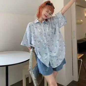 2023 летняя рубашка для женщин, корейская универсальная женская блузка с принтом Love Harajuku, свободные Blusas, уличная одежда, топы, рубашки M серо голубой