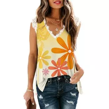 2023 Летняя свободная майка женская с принтом V-образным вырезом без рукавов кружевная рубашка женская элегантная блузка Para Mujer женская одежда 25708 S орион