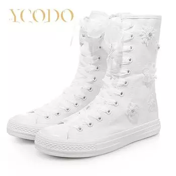2023 летняя/весенняя и осенняя модная повседневная парусиновая обувь для девочек, парусиновые ботинки с кружевом и молнией внутри, украшенные лепестками бабочек 43 белый