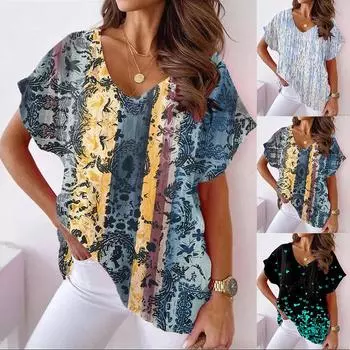 2023 Летняя женская футболка большого размера свободного покроя с принтом и короткими рукавами с V-образным вырезом S