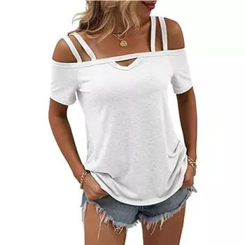 2023 Летняя женская футболка с двойным ремешком, повседневная модная футболка с одной линией шеи и короткими рукавами, свободные простые футболки с открытыми плечами 28104 S восторг