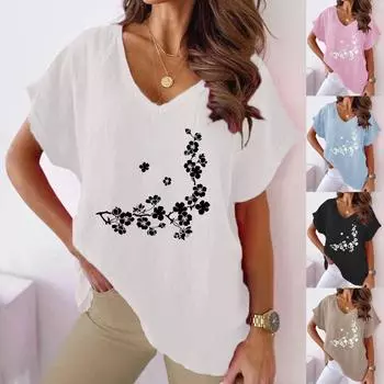 2023 летняя женская футболка с v-образным вырезом и цветочным принтом из хлопка и конопли, повседневная футболка с короткими рукавами и летучей мышью S синий