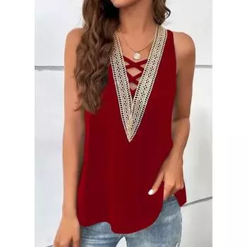 2023 летняя женская кружевная блузка с v-образным вырезом, свободный топ, модная шикарная повседневная рубашка, элегантная и молодежная блузка без рукавов Para Mujer 25635 S бордовый
